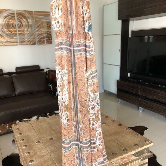 Zara boho tan blue print chiffon maxi dress Size S - Picture 9 of 15